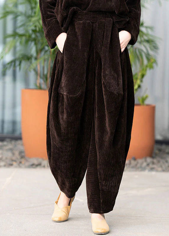 Vintage Chocolate Corduroy Pockets Thick Harem Winter Pants Trousers