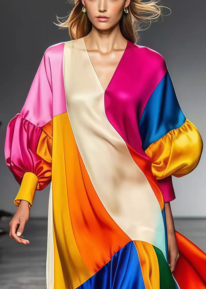 Art Multicolor Oversized Patchwork Silk Robe Dresses Lantern Sleeve