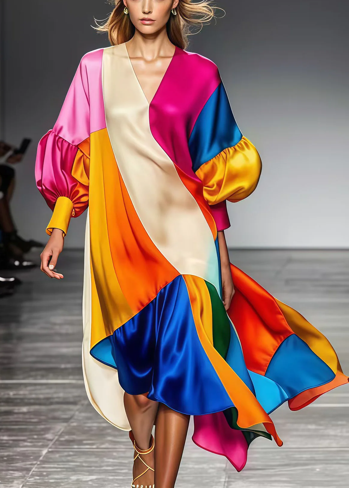 Art Multicolor Oversized Patchwork Silk Robe Dresses Lantern Sleeve