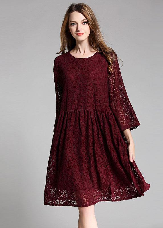 Loose Mulberry Lace Wrinkled Spring Long Dress Three Quarter Sleeve