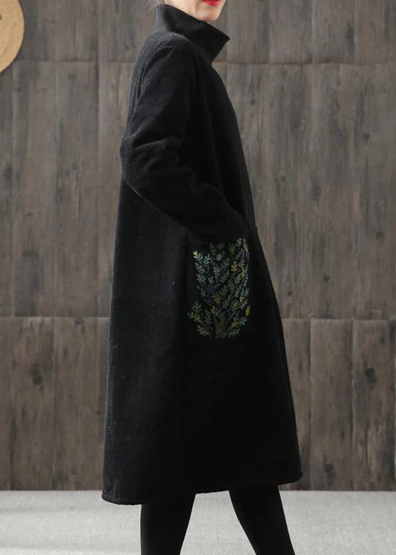 Handmade linen Tunics Women printing Turtleneck Winter Cotton Midi Dress